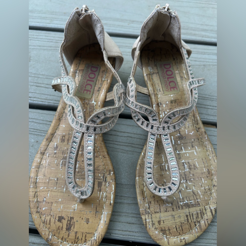 Mojo Moxy Taupe Beaded T-Strap Sandals